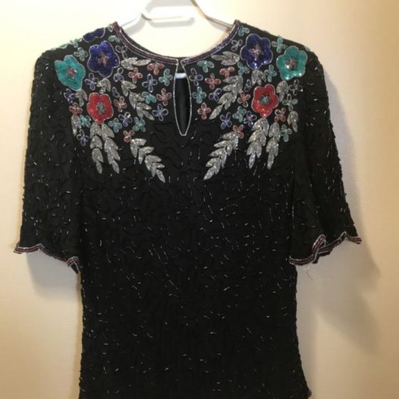 Laurence Kazan Vintage Beaded Silk Floral Blouse - Picture 2 of 3